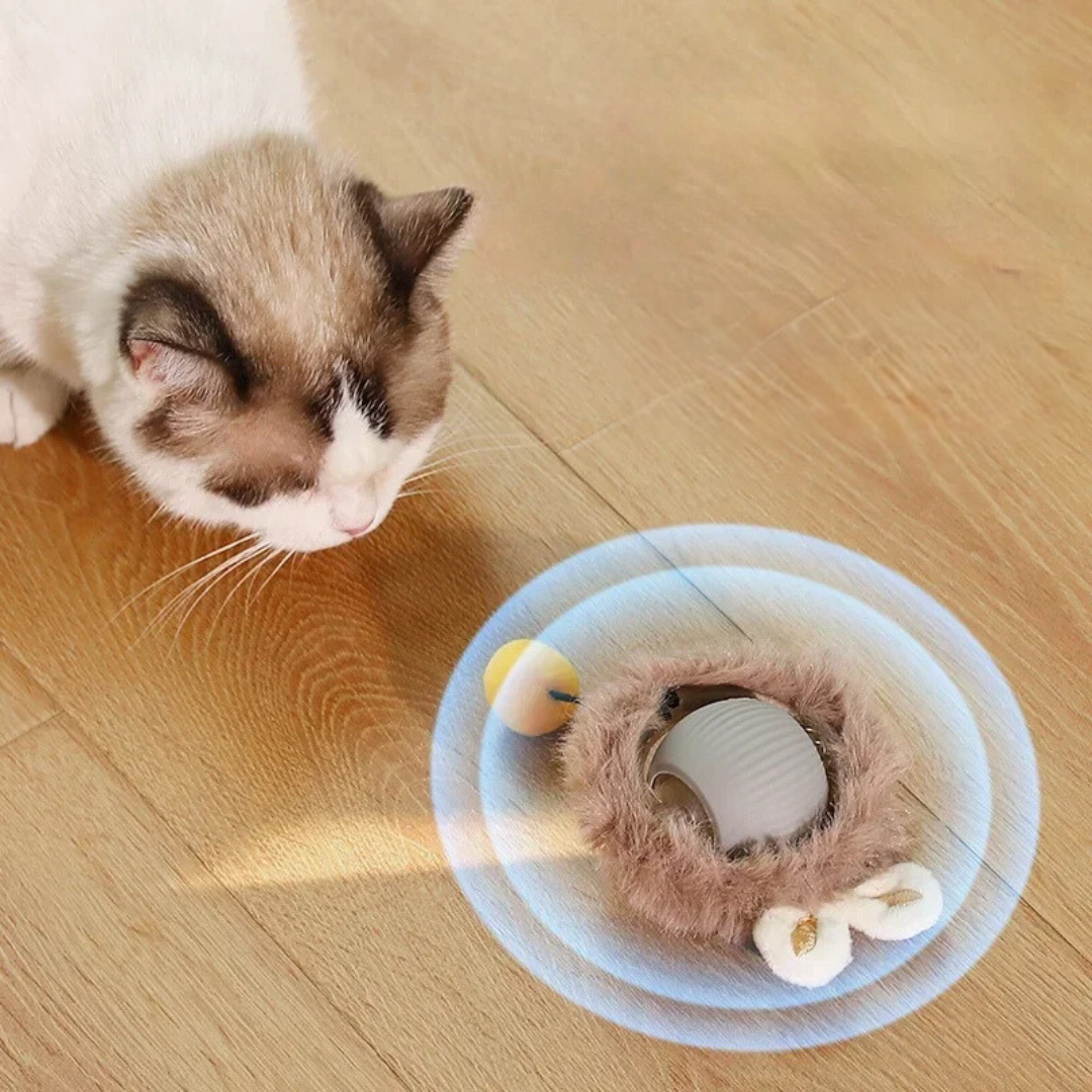 Interaktiver Katzenspielzeug-Ball, grau, mit beweglichem Schwanz für aktives Spielen und Jagdinstinkt-Förderung.