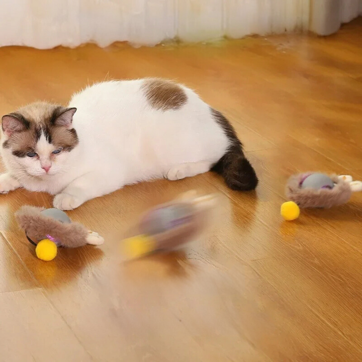 Interaktiver Katzenspielzeug-Ball, grau, mit beweglichem Schwanz für aktives Spielen und Jagdinstinkt-Förderung.
