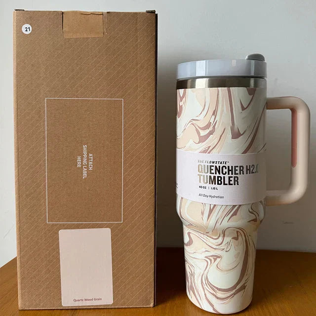 "Isolierter Edelstahl-Reisebecher 40oz, auslaufsicher, mit Griff und Strohhalm, passend für Getränkehalter, modernes Design."