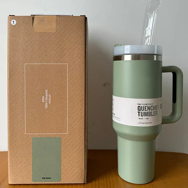 "Isolierter Edelstahl-Reisebecher 40oz, auslaufsicher, mit Griff und Strohhalm, passend für Getränkehalter, modernes Design."