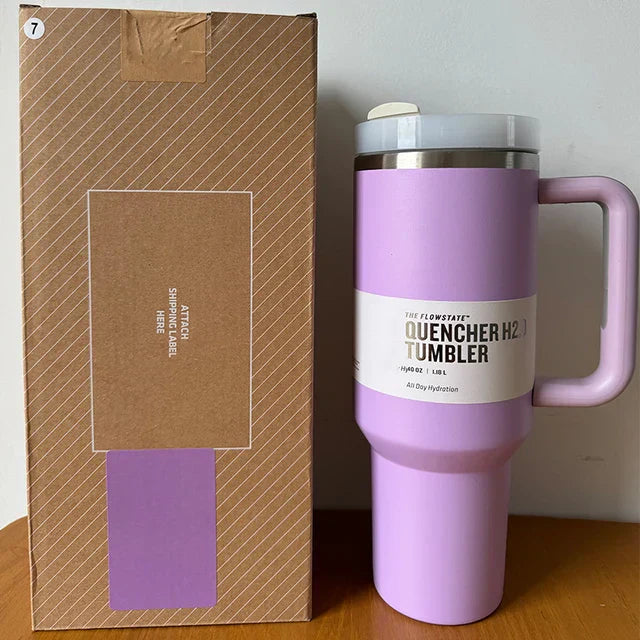 "Isolierter Edelstahl-Reisebecher 40oz, auslaufsicher, mit Griff und Strohhalm, passend für Getränkehalter, modernes Design."