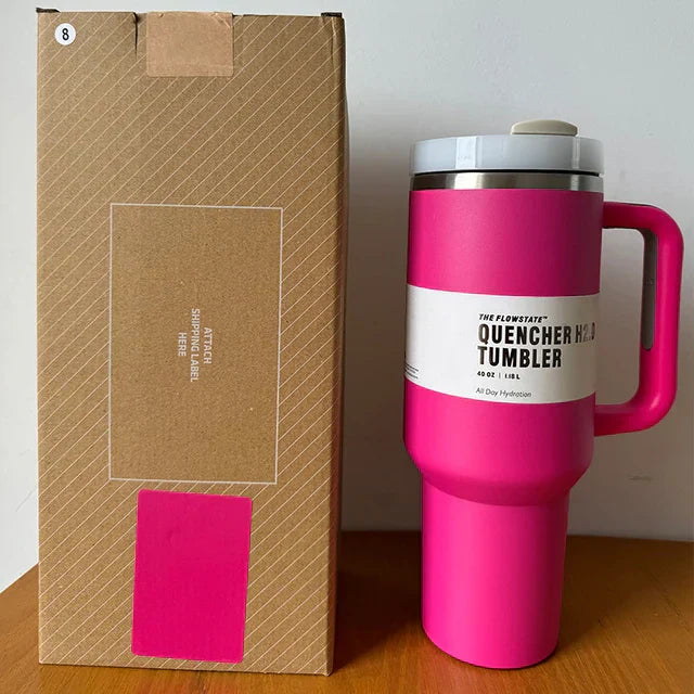 "Isolierter Edelstahl-Reisebecher 40oz, auslaufsicher, mit Griff und Strohhalm, passend für Getränkehalter, modernes Design."