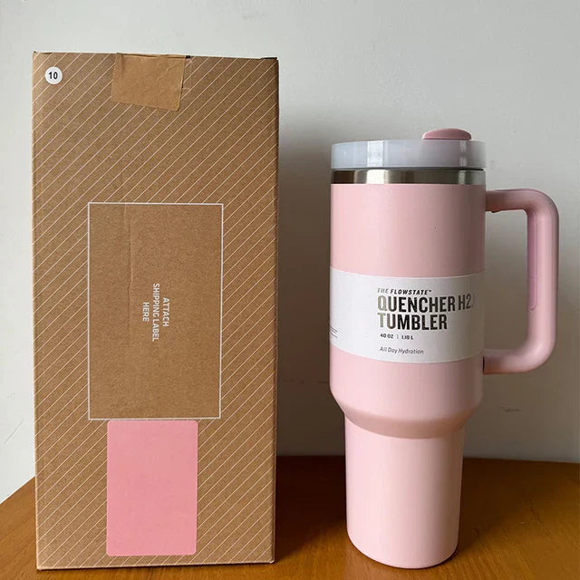 "Isolierter Edelstahl-Reisebecher 40oz, auslaufsicher, mit Griff und Strohhalm, passend für Getränkehalter, modernes Design."