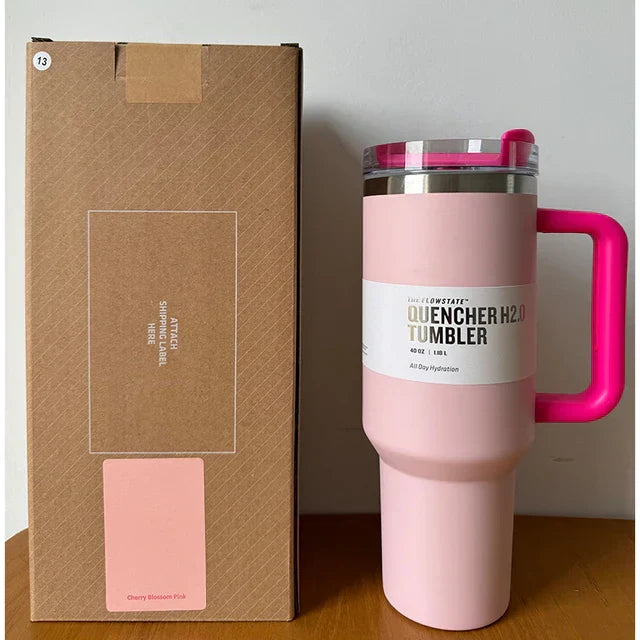 "Isolierter Edelstahl-Reisebecher 40oz, auslaufsicher, mit Griff und Strohhalm, passend für Getränkehalter, modernes Design."