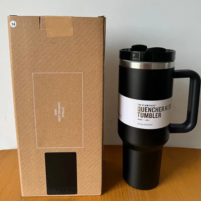 "Isolierter Edelstahl-Reisebecher 40oz, auslaufsicher, mit Griff und Strohhalm, passend für Getränkehalter, modernes Design."