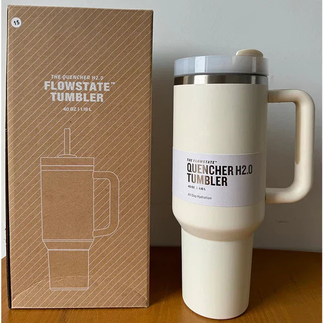 "Isolierter Edelstahl-Reisebecher 40oz, auslaufsicher, mit Griff und Strohhalm, passend für Getränkehalter, modernes Design."