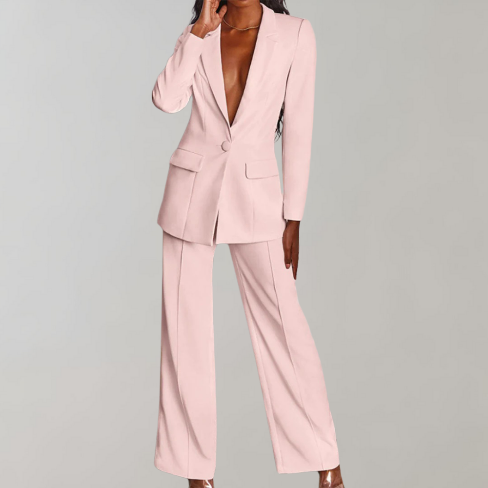 Damenanzug rosa, eleganter Blazer mit Hose, modische Businesskleidung, formeller Stil.