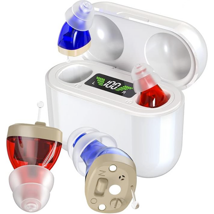 Kabellose In-Ear-Hörgeräte, rot und blau, mit Ladeetui und digitaler Anzeige.