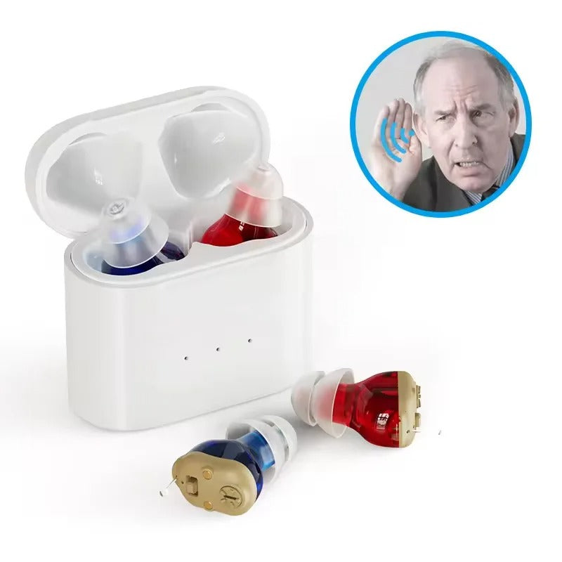 Weiße kabellose In-Ear-Hörgeräte mit Ladeetui, ideal für Hörunterstützung.