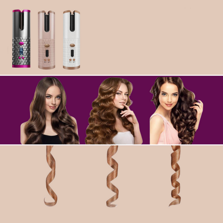 Kabelloser Haarstyler für professionelle Locken, leicht, tragbar, mit Keramikbeschichtung, in Weiß/Rosa oder Grau.