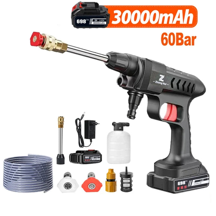 "Kabelloser Hochdruckreiniger, kompakt, graues Design, 60Bar, mit Akku, für flexible Reinigung von Auto und Garten geeignet."