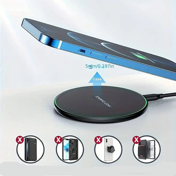 "Kabelloses 30W Schnellladegerät, modernes Design, kompatibel mit iPhone/Android, ideal für Zuhause/Büro, induktives Ladepad.
