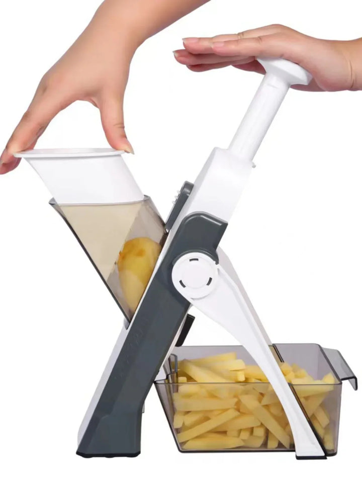 Kartoffelschneider, manuell, weiß-grau, für Pommes, Küchengerät, effizient, einfach zu bedienen.