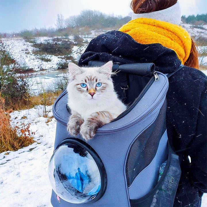"Katzen Transporttasche mit Belüftung, Panorama-Fenster und gepolstertem Innenraum in Beige, Grau und Rosa für Reisen."