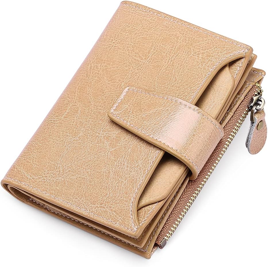 Khaki Damen-Geldbörse aus Leder mit Reißverschluss und Druckknopf, stilvoll und praktisch.