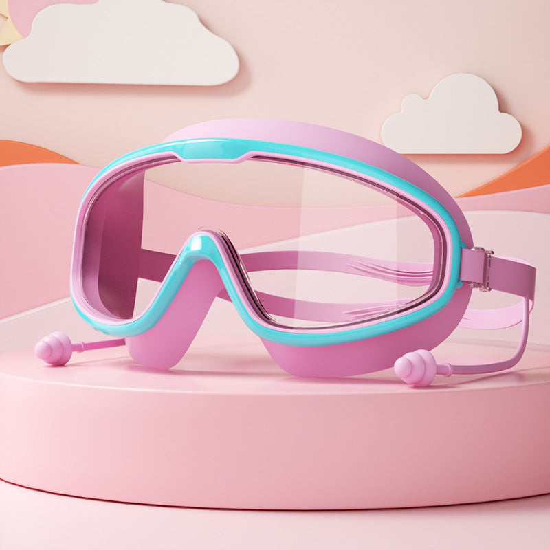 Kinder Schwimmbrille mit großen Linsen, Anti-Beschlag-Beschichtung, verstellbaren Bändern; ideal für klare Sicht im Wasser.