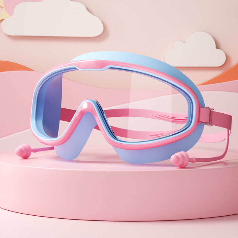 Kinder Schwimmbrille mit großen Linsen, Anti-Beschlag-Beschichtung, verstellbaren Bändern; ideal für klare Sicht im Wasser.