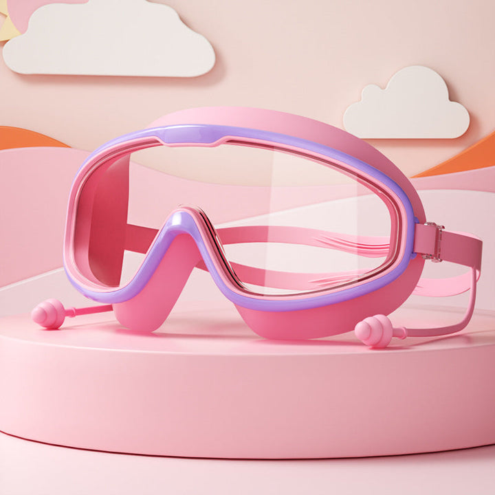 Kinder Schwimmbrille mit großen Linsen, Anti-Beschlag-Beschichtung, verstellbaren Bändern; ideal für klare Sicht im Wasser.