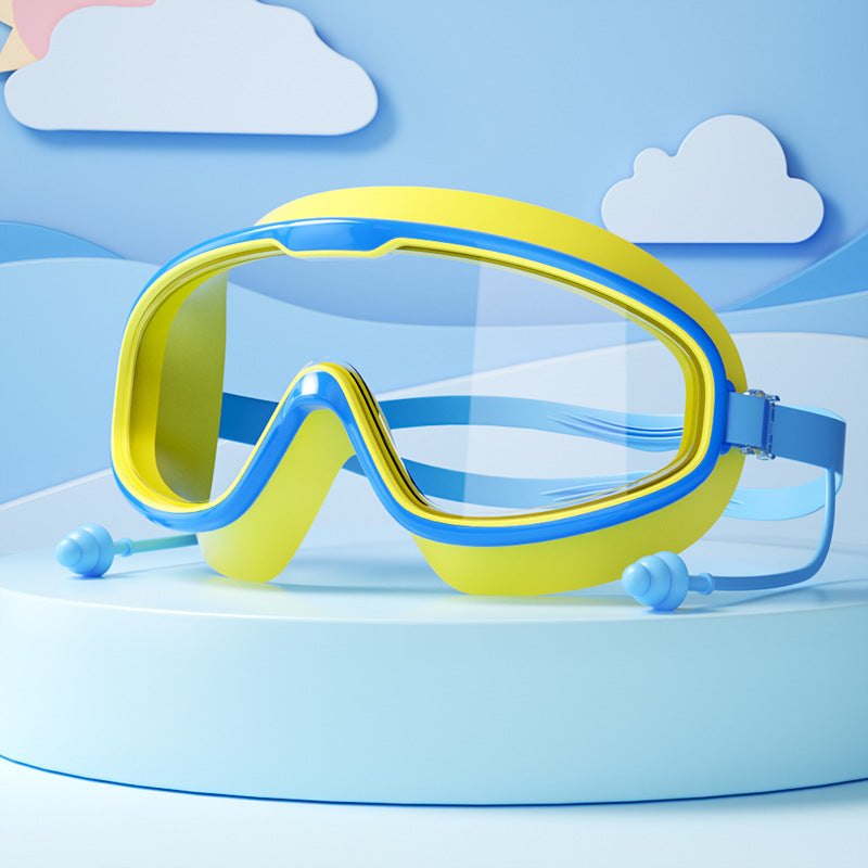 Kinder Schwimmbrille mit großen Linsen, Anti-Beschlag-Beschichtung, verstellbaren Bändern; ideal für klare Sicht im Wasser.