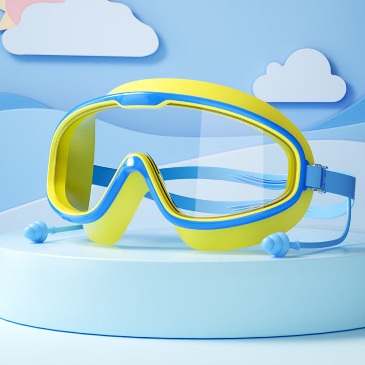 Kinder Schwimmbrille mit großen Linsen, Anti-Beschlag-Beschichtung, verstellbaren Bändern; ideal für klare Sicht im Wasser.