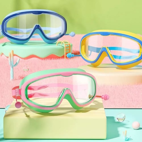 Kinder Schwimmbrille mit großen Linsen, Anti-Beschlag-Beschichtung, verstellbaren Bändern; ideal für klare Sicht im Wasser.