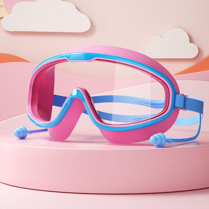 Kinder Schwimmbrille mit großen Linsen, Anti-Beschlag-Beschichtung, verstellbaren Bändern; ideal für klare Sicht im Wasser.