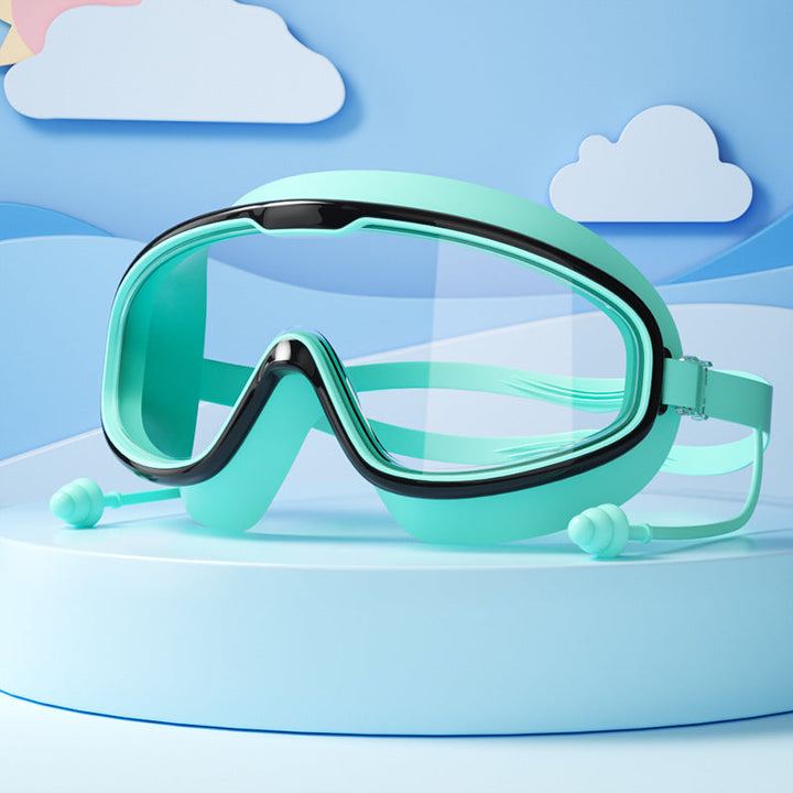 Kinder Schwimmbrille mit großen Linsen, Anti-Beschlag-Beschichtung, verstellbaren Bändern; ideal für klare Sicht im Wasser.