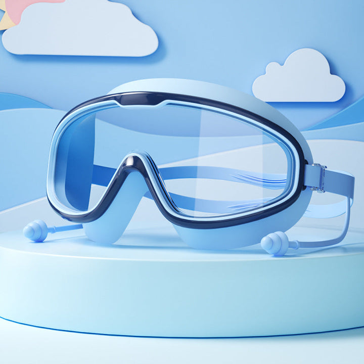 Kinder Schwimmbrille mit großen Linsen, Anti-Beschlag-Beschichtung, verstellbaren Bändern; ideal für klare Sicht im Wasser.