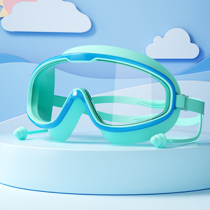 Kinder Schwimmbrille mit großen Linsen, Anti-Beschlag-Beschichtung, verstellbaren Bändern; ideal für klare Sicht im Wasser.