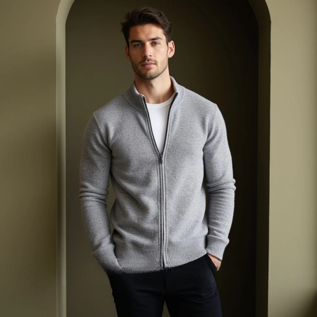 Klassische Herren Strickjacke aus Merinowolle mit Reißverschluss, dunkelblaue Farbe, elegant für Büro und Freizeit.