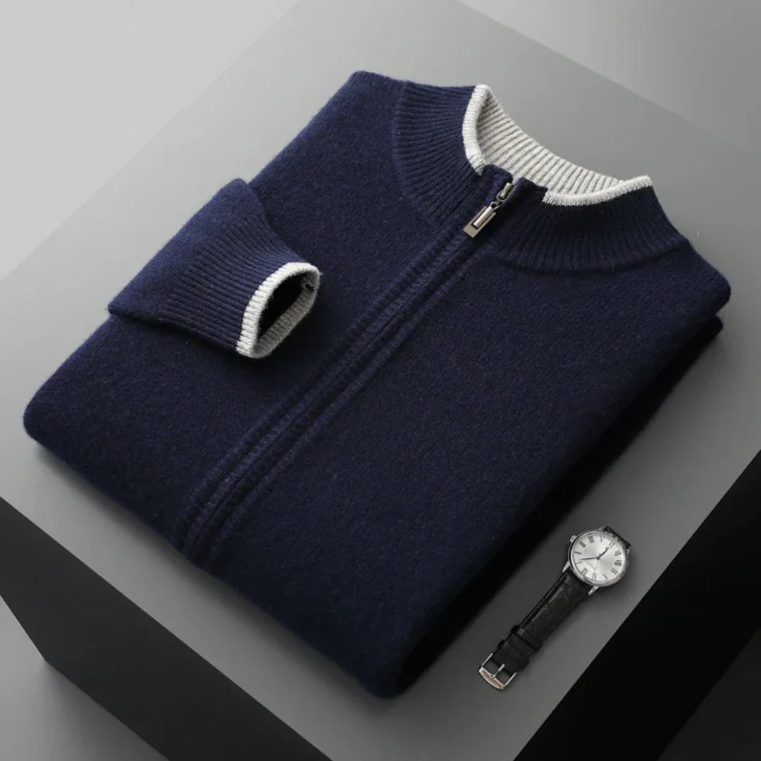 Klassische Herren Strickjacke aus Merinowolle mit Reißverschluss, dunkelblaue Farbe, elegant für Büro und Freizeit.