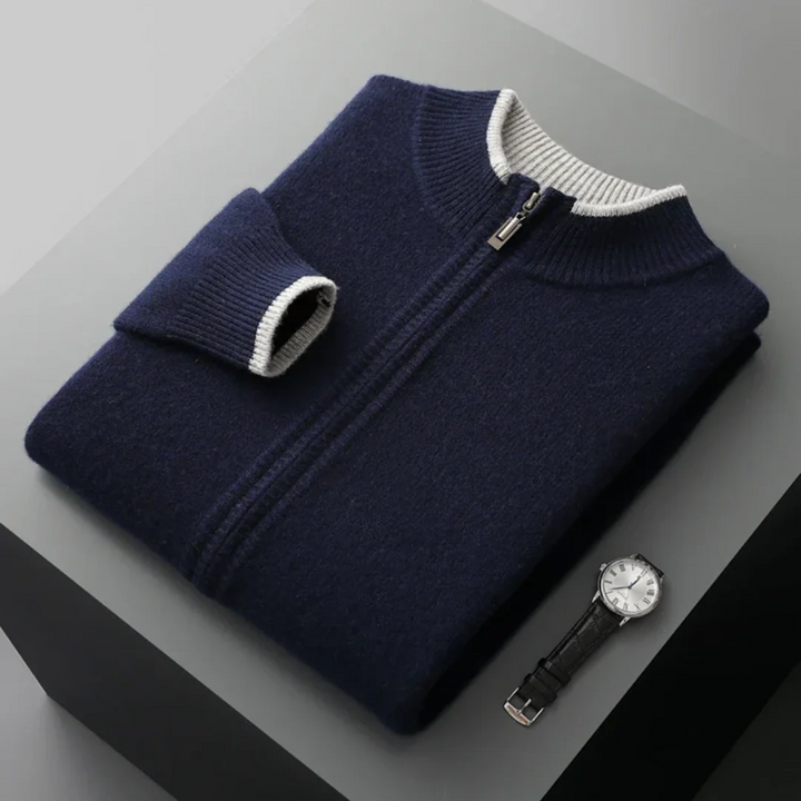 Klassische Herren Strickjacke aus Merinowolle mit Reißverschluss, dunkelblaue Farbe, elegant für Büro und Freizeit.