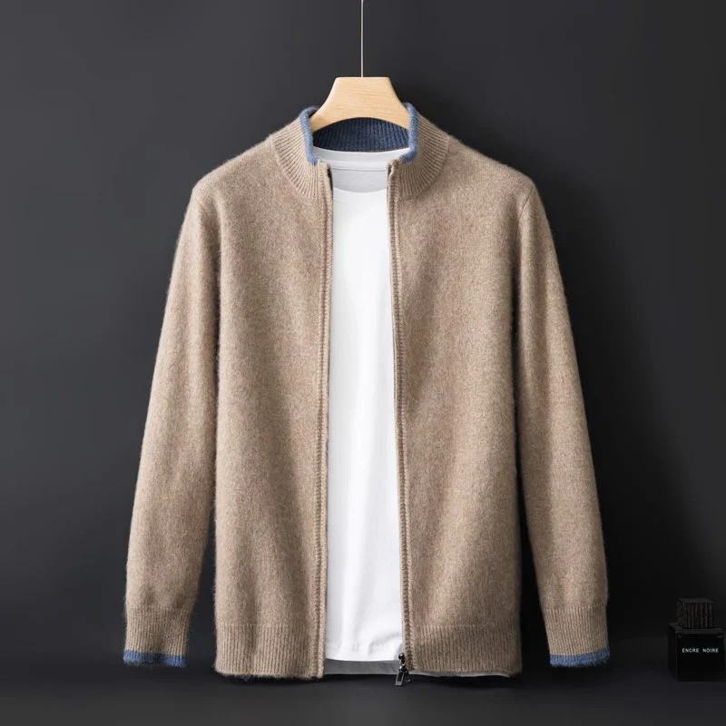 Klassische Herren Strickjacke aus Merinowolle mit Reißverschluss, dunkelblaue Farbe, elegant für Büro und Freizeit.