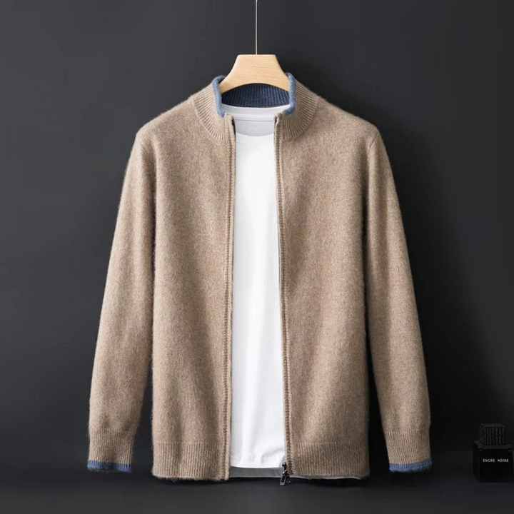 Klassische Herren Strickjacke aus Merinowolle mit Reißverschluss, dunkelblaue Farbe, elegant für Büro und Freizeit.