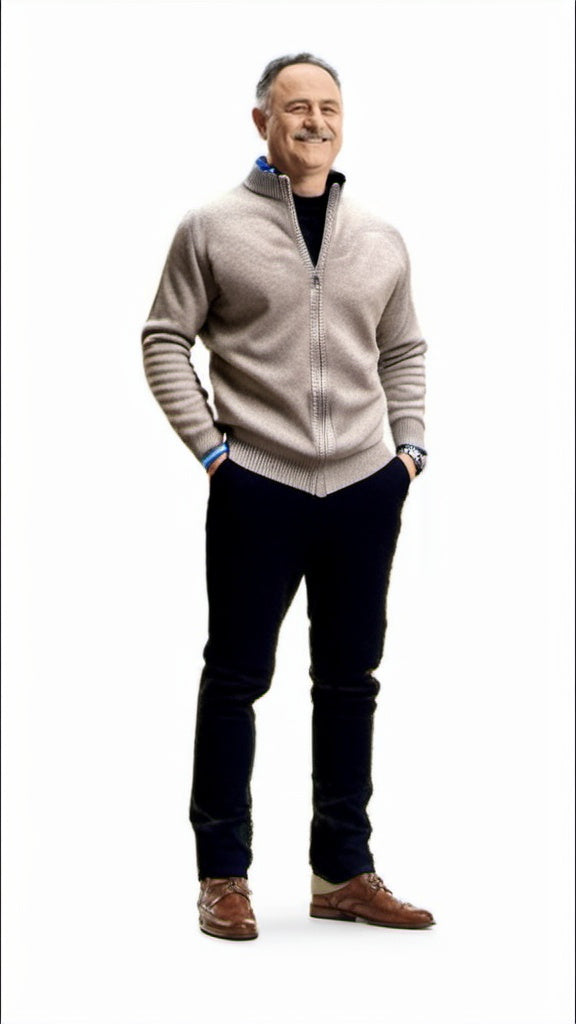Klassische Herren Strickjacke aus Merinowolle mit Reißverschluss, dunkelblaue Farbe, elegant für Büro und Freizeit.