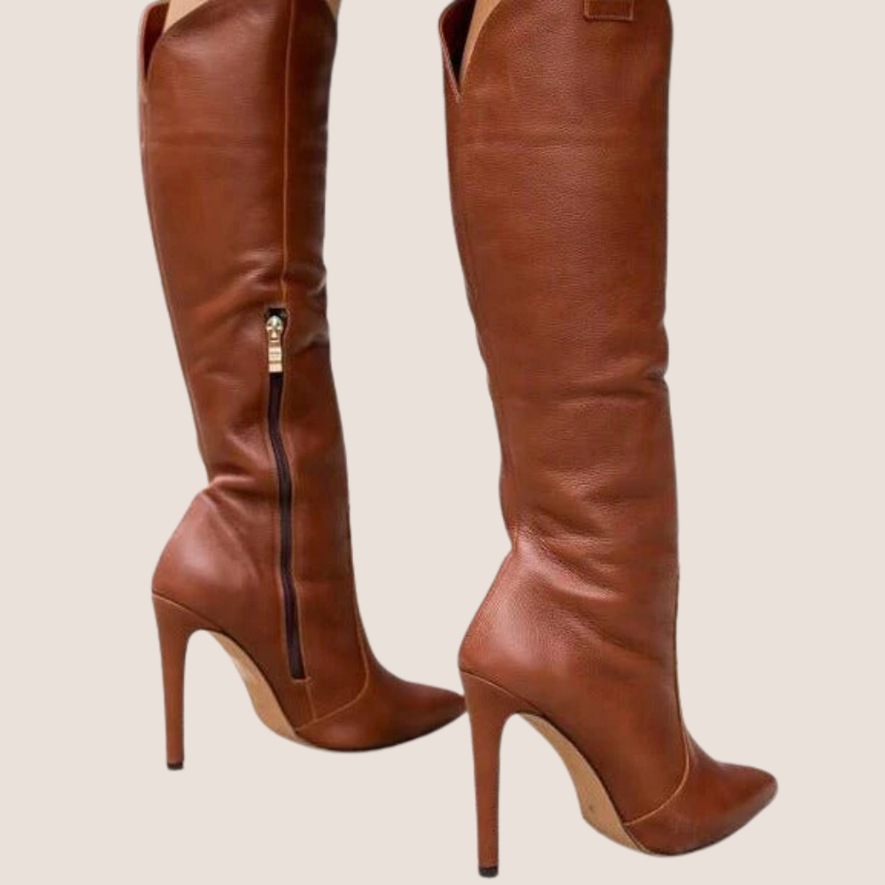"Kniehohe Damenstiefel mit Reißverschluss, rutschfeste Sohle, elegantes Design, Betonung der Beine, vielseitig einsetzbar."