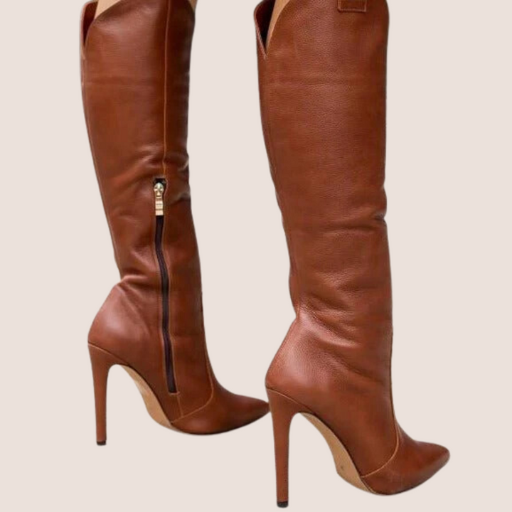 "Kniehohe Damenstiefel mit Reißverschluss, rutschfeste Sohle, elegantes Design, Betonung der Beine, vielseitig einsetzbar."