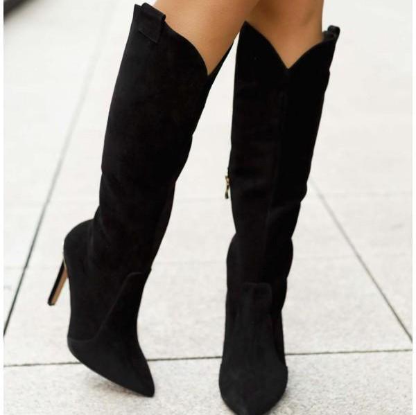 "Kniehohe Damenstiefel mit Reißverschluss, rutschfeste Sohle, elegantes Design, Betonung der Beine, vielseitig einsetzbar."
