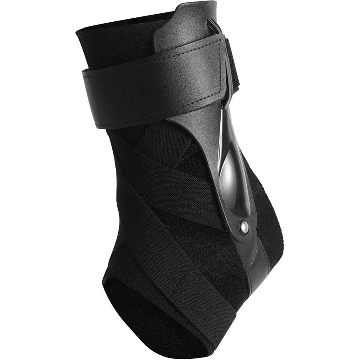 Schwarze Knöchelbandage, verstellbar, für Sportverletzungen, aus Neopren und Kunststoff.
