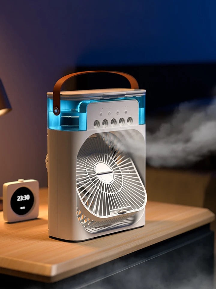 "Kompakte tragbare Mini-Klimaanlage mit stilvollem Design, ideal für Schreibtisch, mit Wassertank und USB-Anschluss."