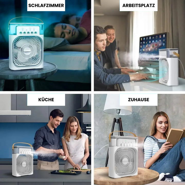 "Kompakte tragbare Mini-Klimaanlage mit stilvollem Design, ideal für Schreibtisch, mit Wassertank und USB-Anschluss."