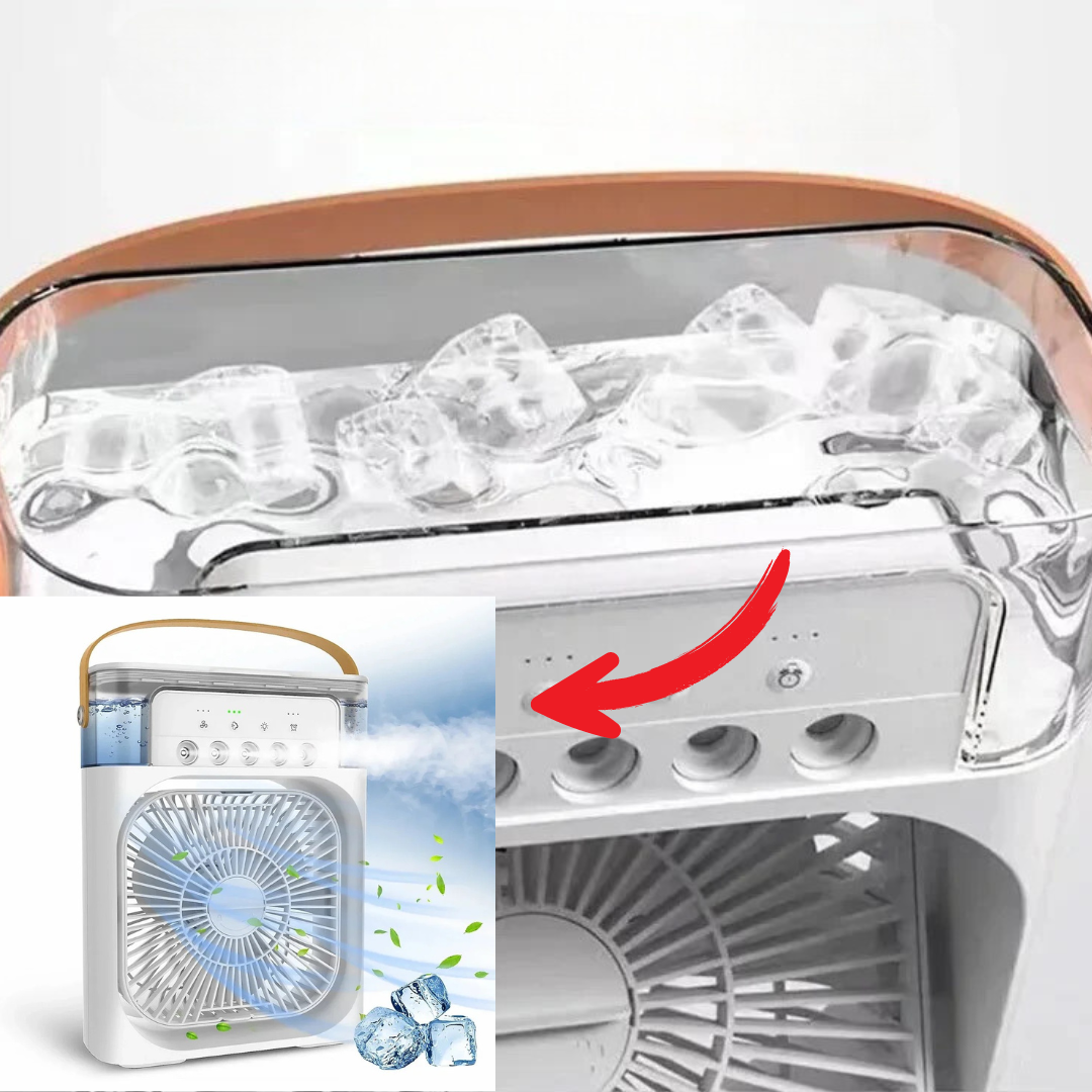 "Kompakte tragbare Mini-Klimaanlage mit stilvollem Design, ideal für Schreibtisch, mit Wassertank und USB-Anschluss."