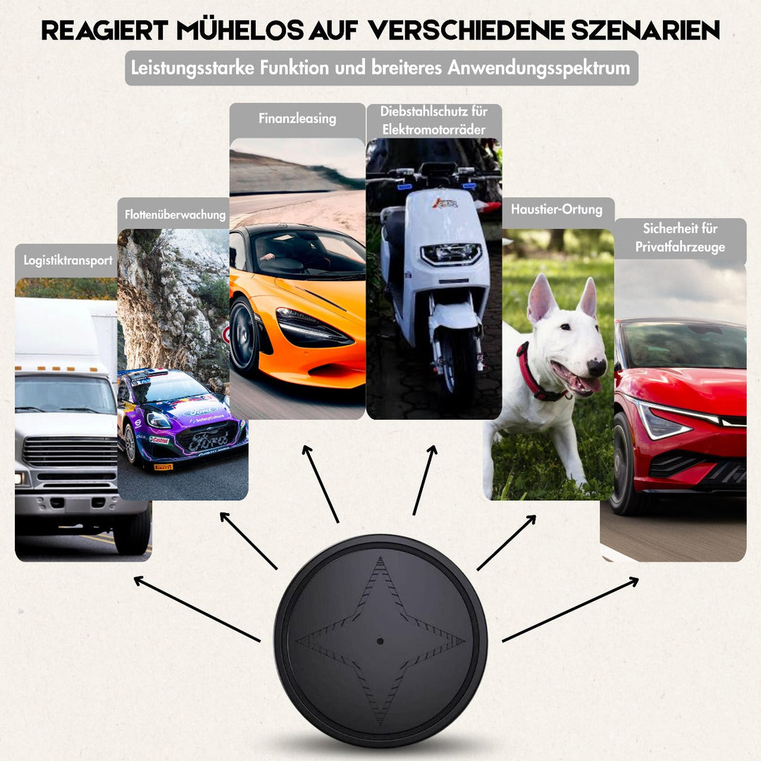 "Kompakter schwarzer Smart GPS-Tracker, magnetisch, kompakt, für Echtzeitüberwachung und Schutz von Wertsachen."