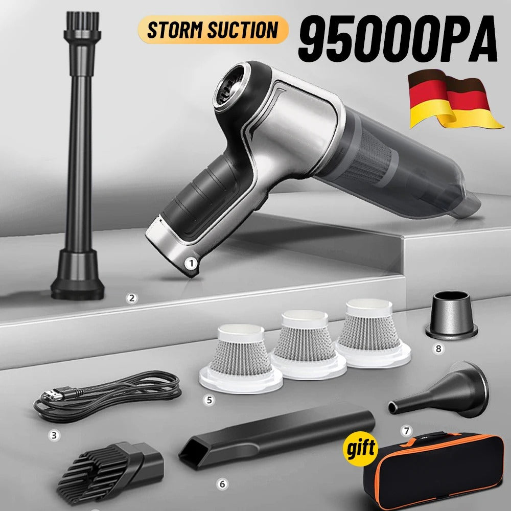 Kompakter, silberner kabelloser Auto-Staubsauger mit 95000Pa Saugkraft und Zubehör, ideal für Heim- und Autoreinigung.