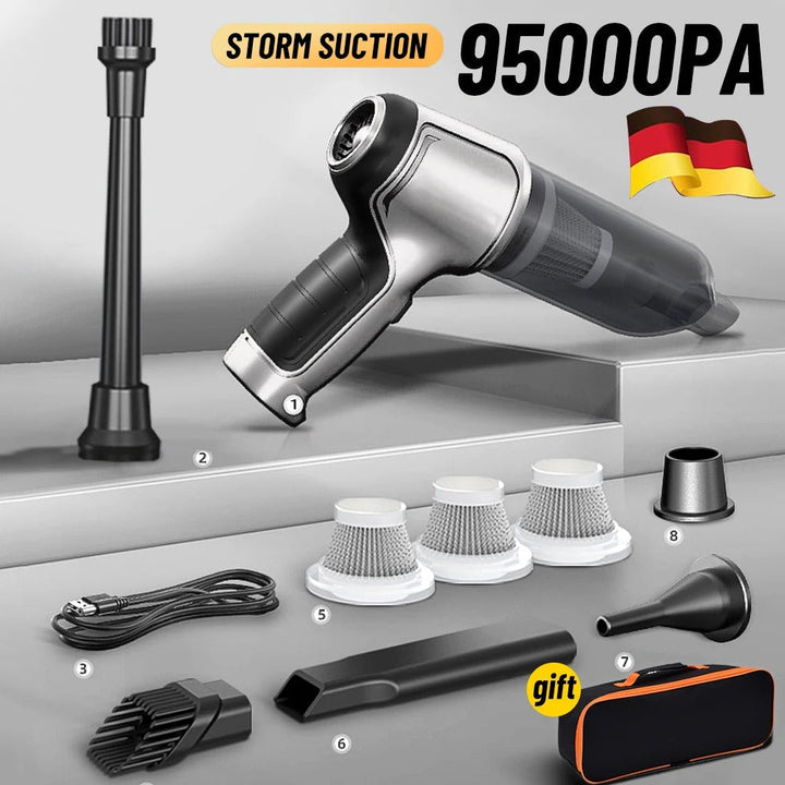 Kompakter, silberner kabelloser Auto-Staubsauger mit 95000Pa Saugkraft und Zubehör, ideal für Heim- und Autoreinigung.