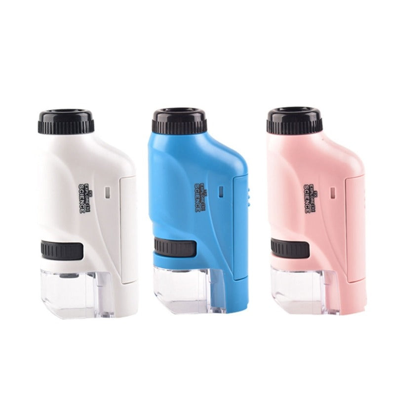 "Kompaktes LED-Kindermikroskop in Blau, tragbar, 120x Vergrößerung, ideal für junge Entdecker und Gartenabenteuer."