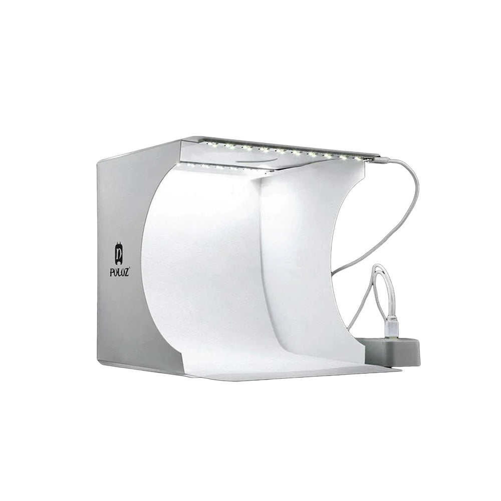 "Kompaktes tragbares Fotostudio mit LED-Licht: Weiße Box, darin hell beleuchtet, ideal für Produktfotografie Gadgets."