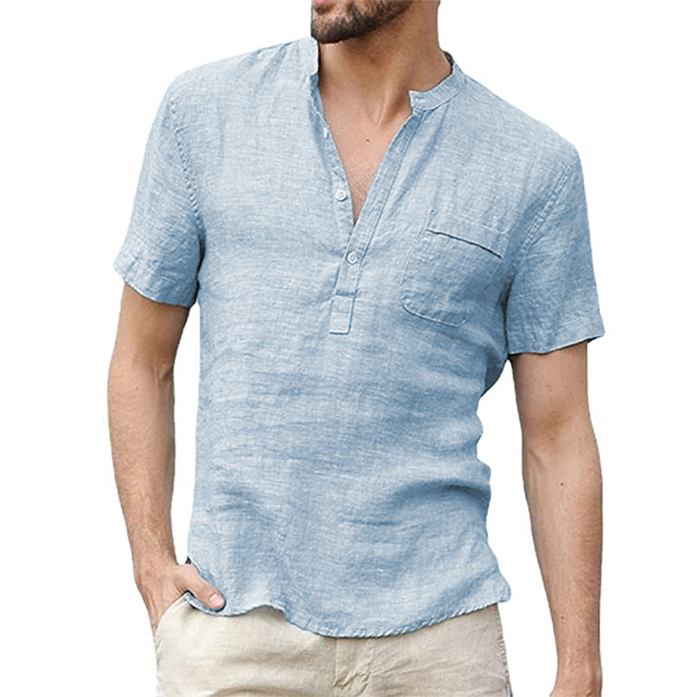 Kurzärmliges Herren Leinenhemd in frischen Sommerfarben, atmungsaktiv und stilvoll, ideal für sommerliche Anlässe.