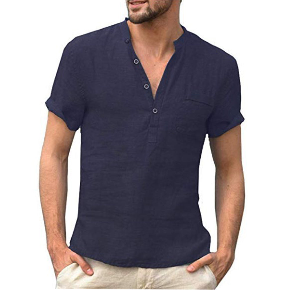 Kurzärmliges Herren Leinenhemd in frischen Sommerfarben, atmungsaktiv und stilvoll, ideal für sommerliche Anlässe.