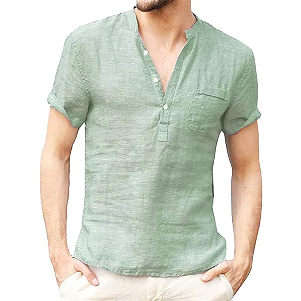 Kurzärmliges Herren Leinenhemd in frischen Sommerfarben, atmungsaktiv und stilvoll, ideal für sommerliche Anlässe.